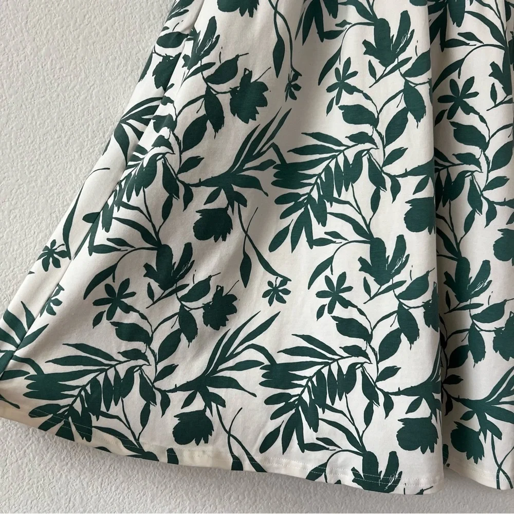 Pact NWOT Organic Cotton Fit & Flare Crossover Tropical Palm Summer Dress Small - Picture 8 of 16